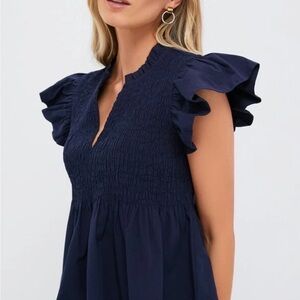 Navy Ruffle Sleeve Top
